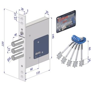 Serratura 2019 con 3 pistoni ø16/e.60/4 mandate/5 chiavi/l.110 h.140 s.19,5 mm