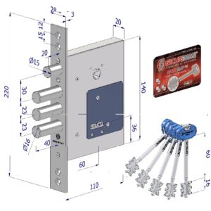 Serratura 2030 con 3+1 pistoni ø16/e.60/4 mandate/5 chiavi